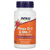 Now Foods Mega D-3 & MK-7 120 Capsules (5000iu / 180mcg)